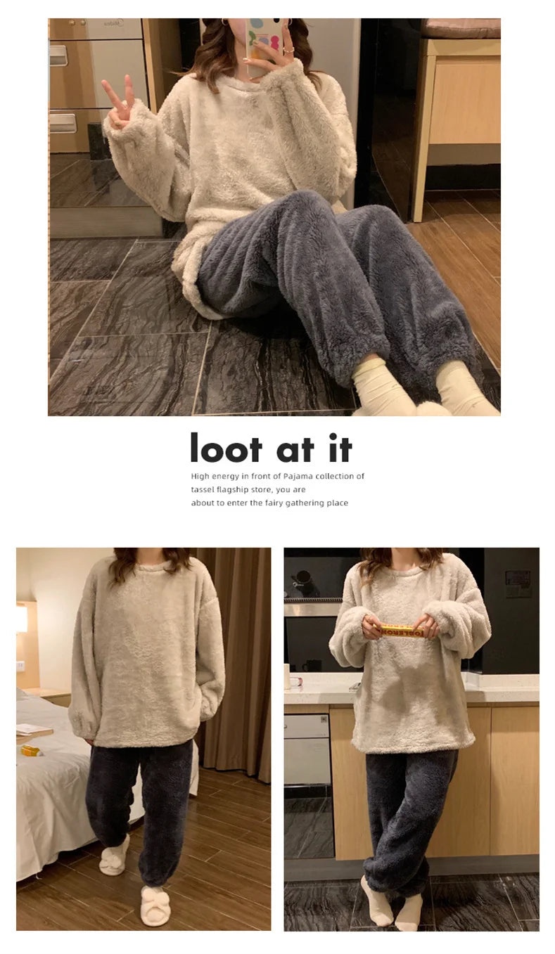 Winter Fleece Women Pajamas Set  Sleepwear Solid Velvet 2 Piece Pant Home Suit Fluffy Casual Warm Flannel Night Wear.