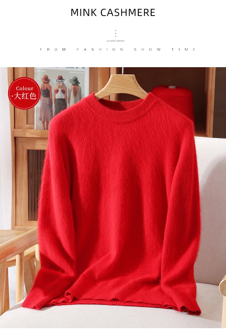 Women's Round-neck Mink Cashmere Sweater Soft Pullover Jumper Comfortable Knitted Top for Autumn Winter Pure Mink Material