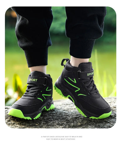 New Boys' Sports Shoes Non-slip School Children's Leather Breathable Running Black Fashion Hiking Shoes Sneaker Size 29-40