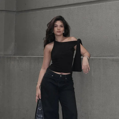 Sexy Asymmetrical Shoulder T-Shirt Women's Versatile Strapless Top Summer New Arrival Polyester Fiber One-Shoulder Sleeveless.