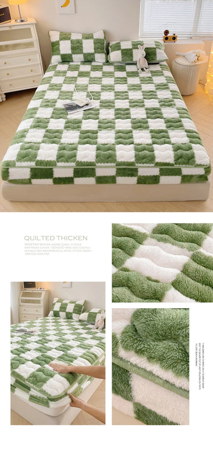WOSTAR Winter warm coral fleece mattress protector cover fluffy plush plaid print elastic fitted sheet bed protection pad 90x200.