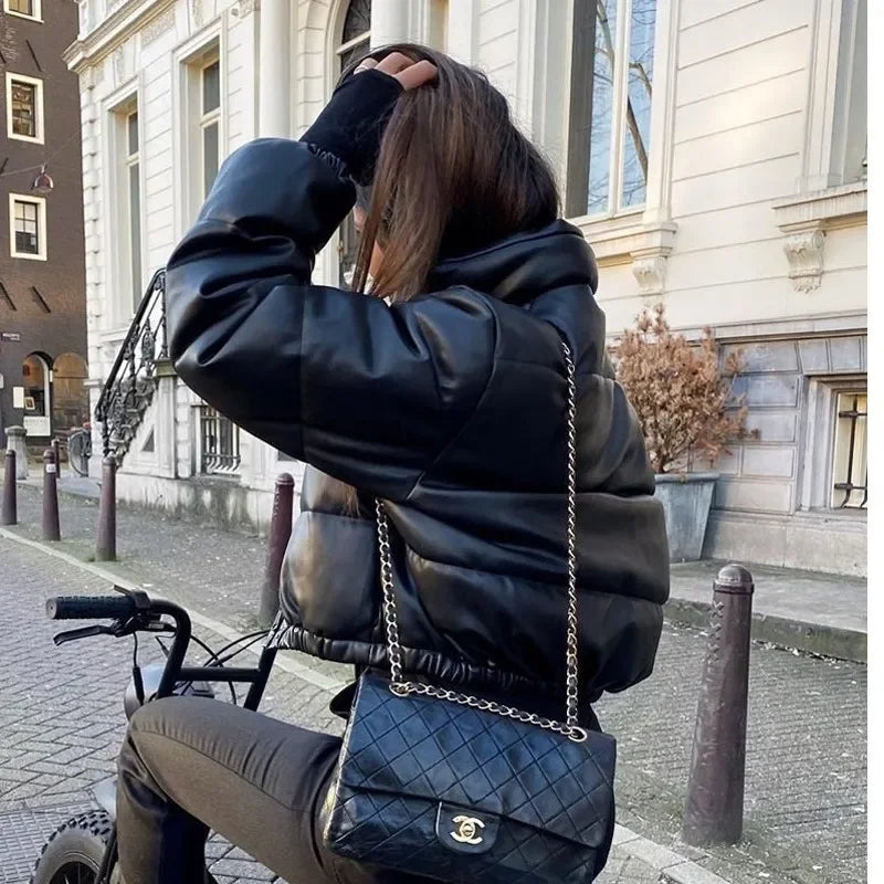 Winter frauen Jacke Dicke Warme Kurze Parka Schwarz Pu Leder Mäntel Frau Parkas Elegante Zipper Baumwolle Jacken Mantel Weibliche neue.