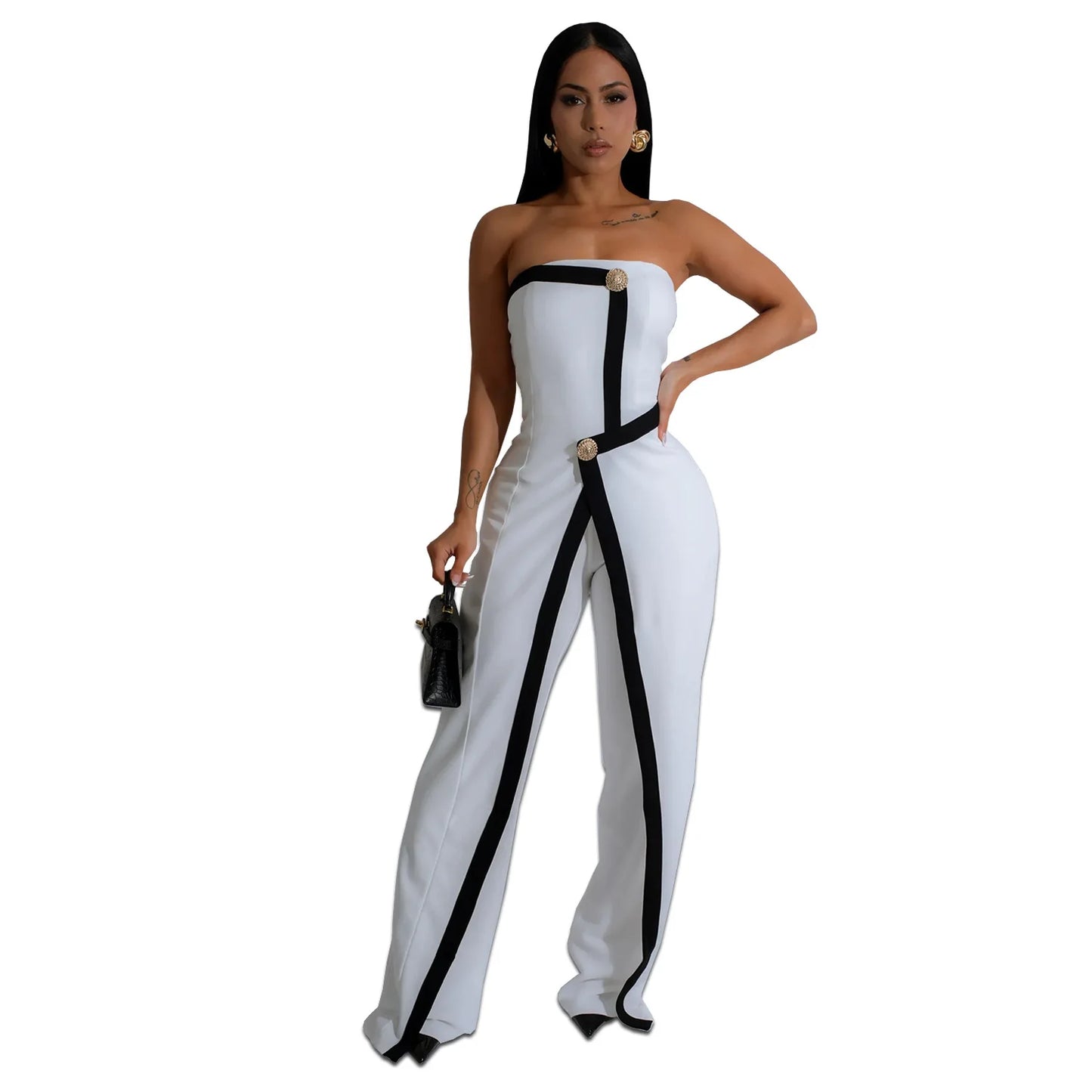 Elegant Sleeveless Wrap Chest Women's Button Strapless Irregular Jumpsuits 2025 One PieceWide Leg Outfits Night Club Streetwear