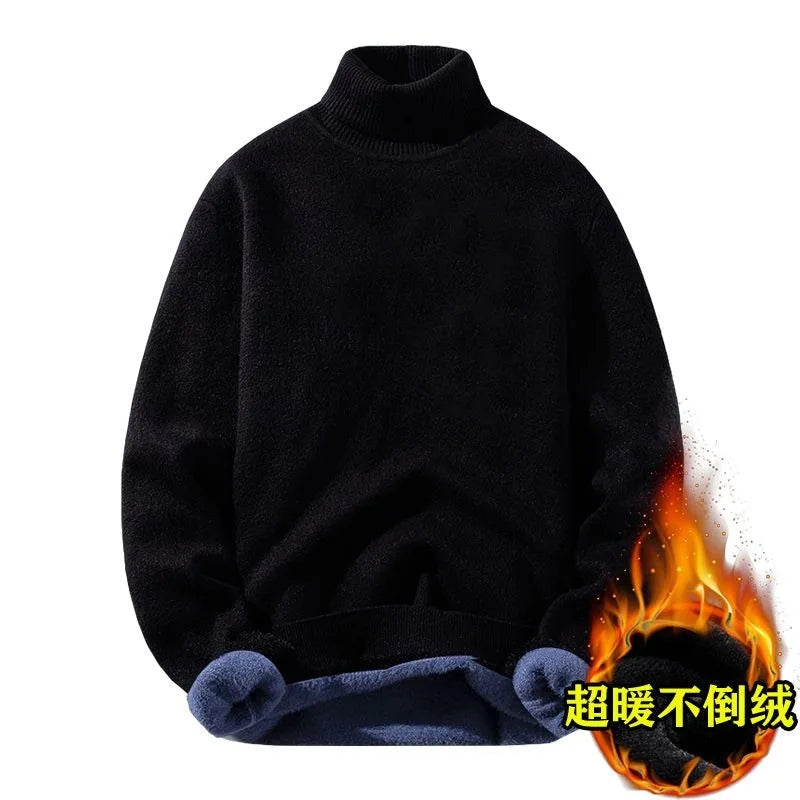 Men's Fleece High Collar Sweater Winter Thickened Solid Color Knitwear Cold-proof Warm Casual Pullover Bottoming Shirt 5XL.