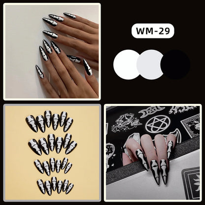 24Pcs Gothic Halloween Press On Nails - Creepy Skeleton Finger Fake Nails, Long Almond Black/White Acrylic False Nails Patches.