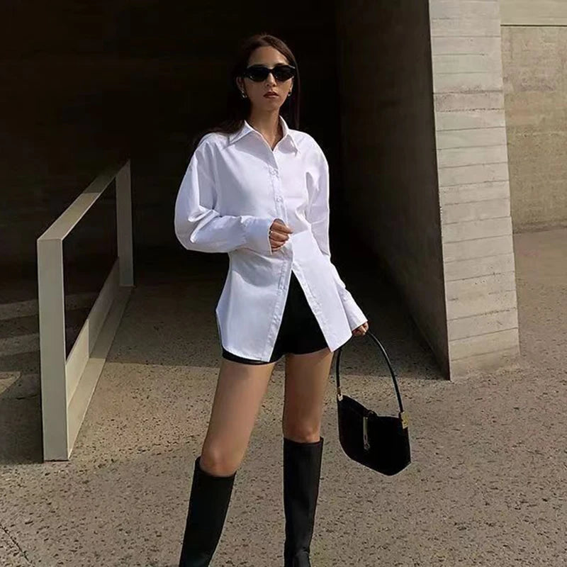 2025 Fashion Slimming Waist White Shirt Women Streetwear Long Sleeve Button Up Blouse Woman Office Turn Down Collar Shirts Top.