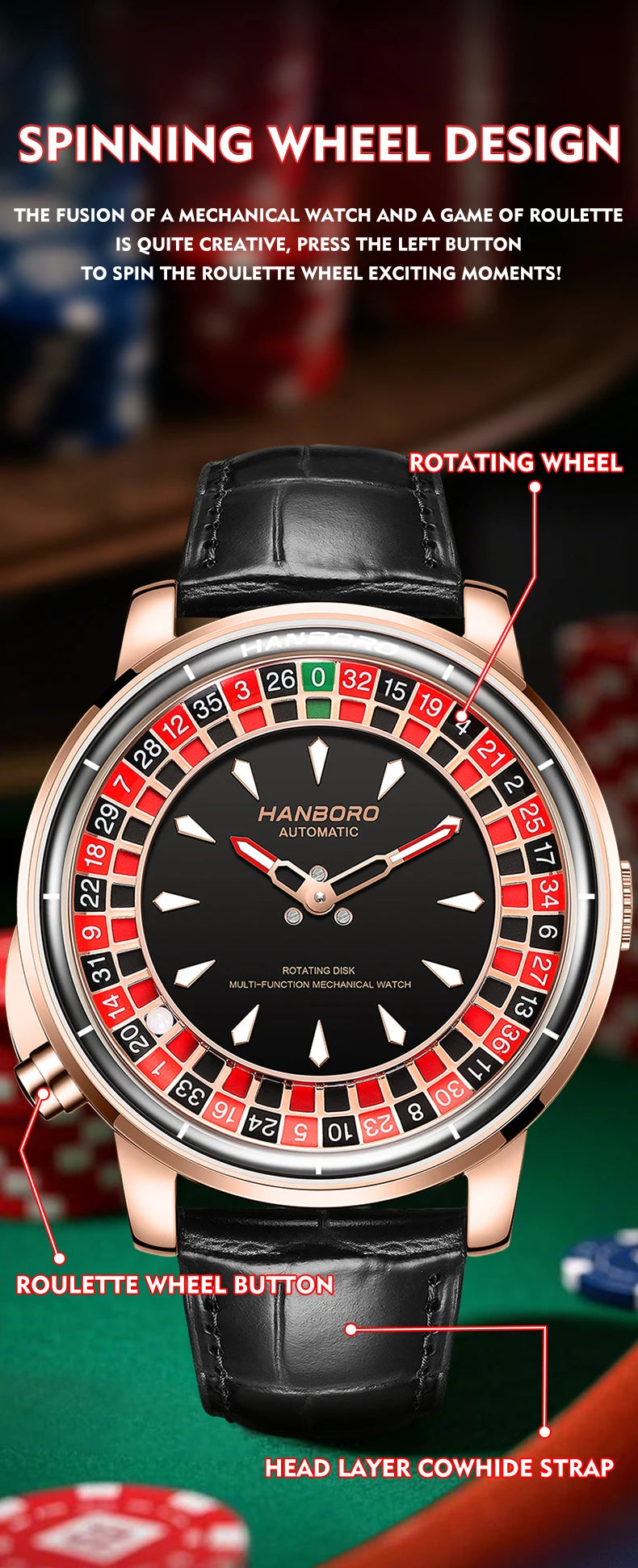 HANBORO men's fully automatic mechanical watch, roulette wheel, roulette wheel, men's watch 1001.