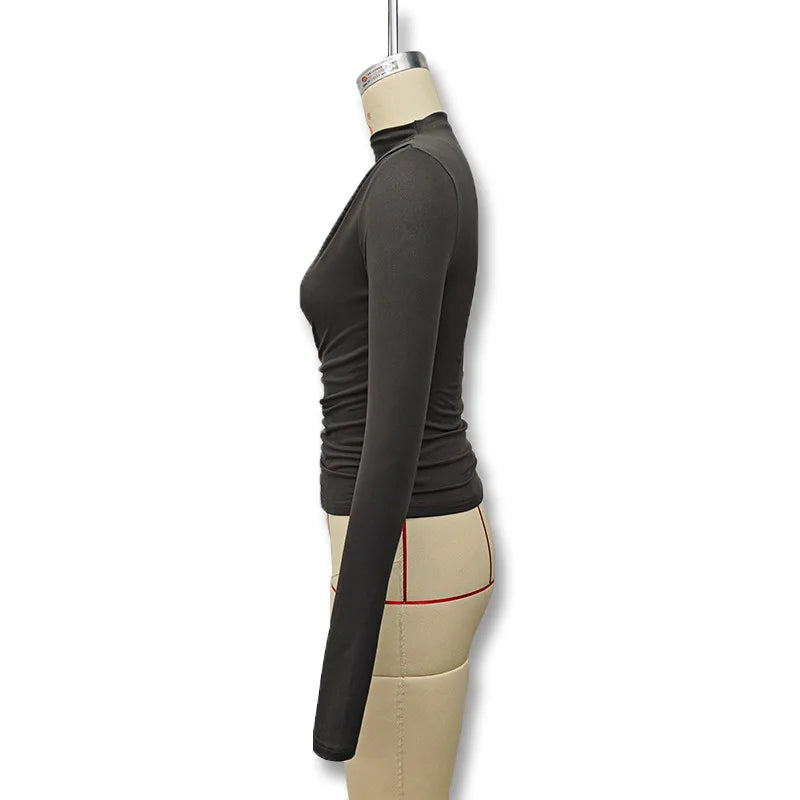 2025 Autumn Solid Color Folds Turtleneck Slim T Shirt Women Long Sleeves Bottoming Shirt Ladies Tee Shirt Tops Camisetas Mujer