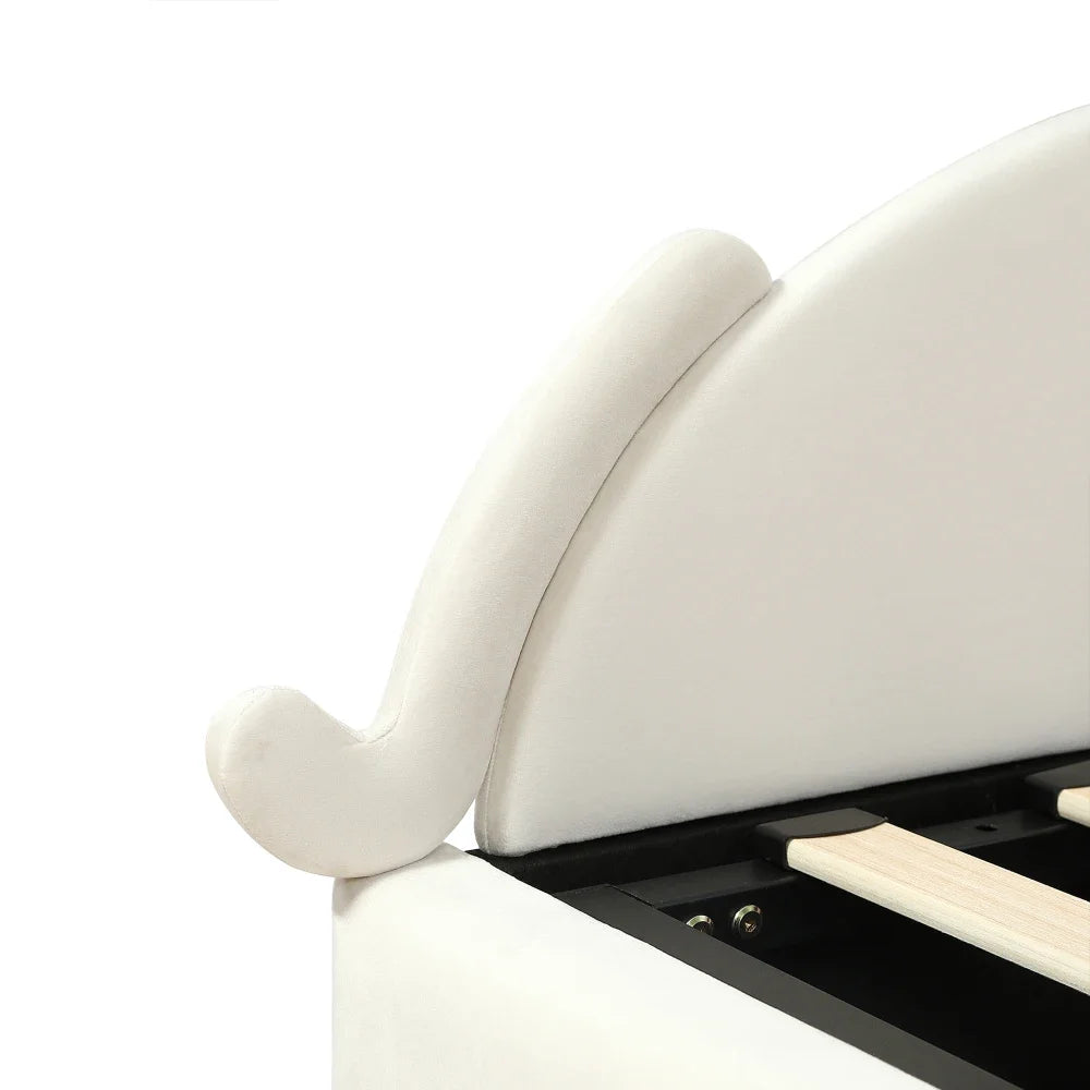 Polsterbett, Einzelbett, süßes Katzendesign, hydraulisches Bett mit Stauraum und Gürtelgriffen, stabiler Gitterrost, 90 x 200 cm