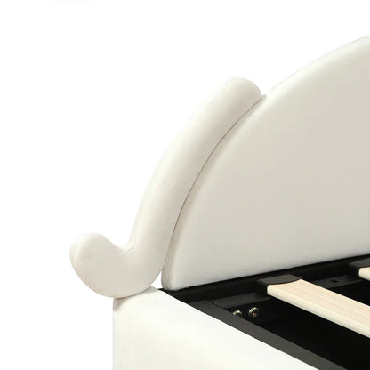 Polsterbett, Einzelbett, süßes Katzendesign, hydraulisches Bett mit Stauraum und Gürtelgriffen, stabiler Gitterrost, 90 x 200 cm