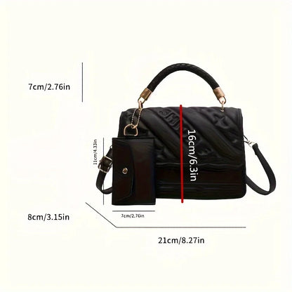 1pc Trendy Quilted Handbag with Adjustable Strap, Stylish Black Shoulder Purse for Women with Mini Coin Pouch, Crossbody Purse.