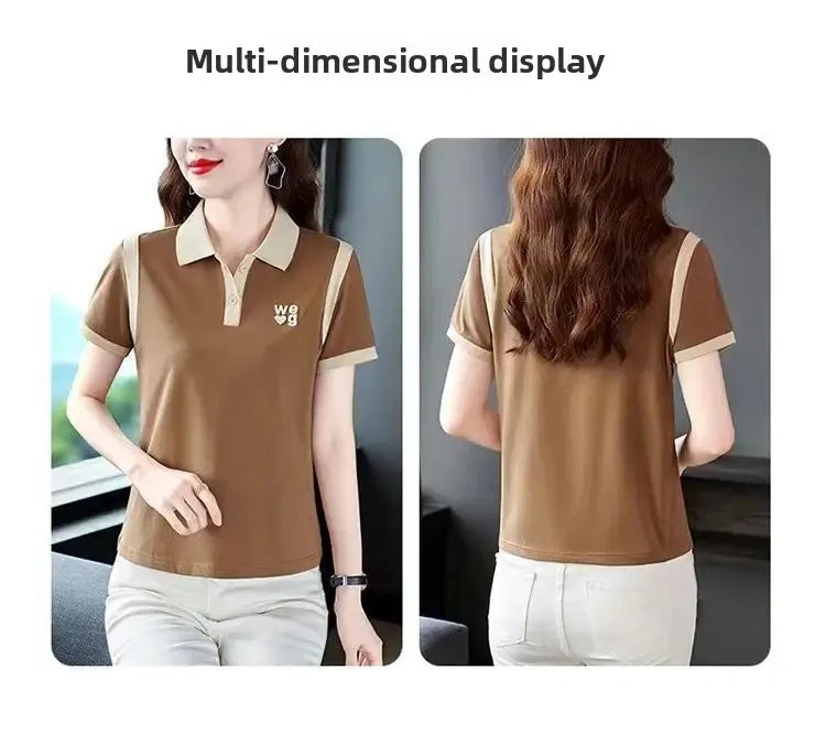 Sporty Short Sleeve Polo Shirt for Women Summer Fashionable Hong Kong Style Top Slim Fit Mixed Fabric Trendy T-Shirt