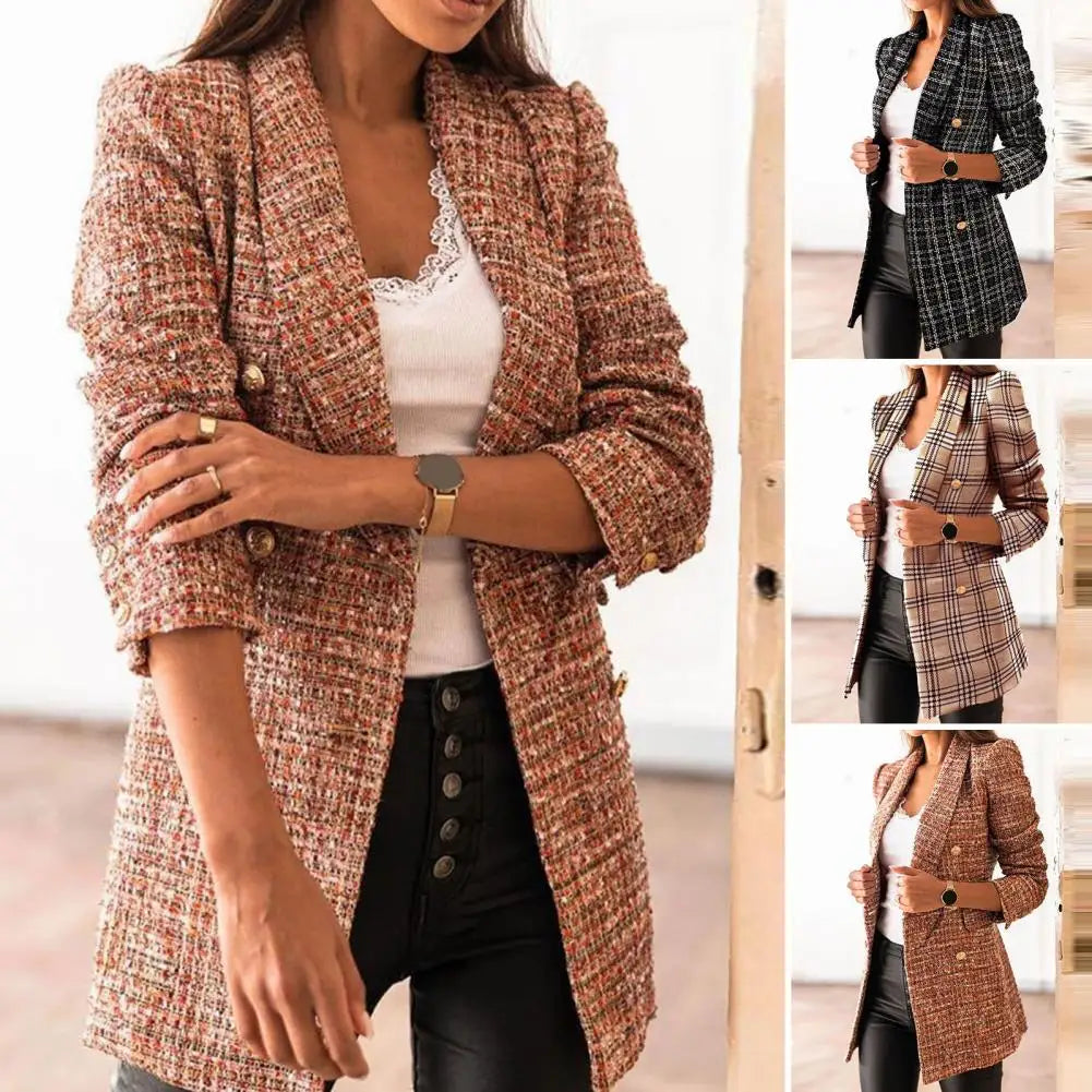 Frauen Herbst Blazer Revers Strickjacke Lange Ärmeln Doppel-breasted Slim Fit Warm Lässige Dick Plaid Print Lady Mantel für arbeit Jacke.