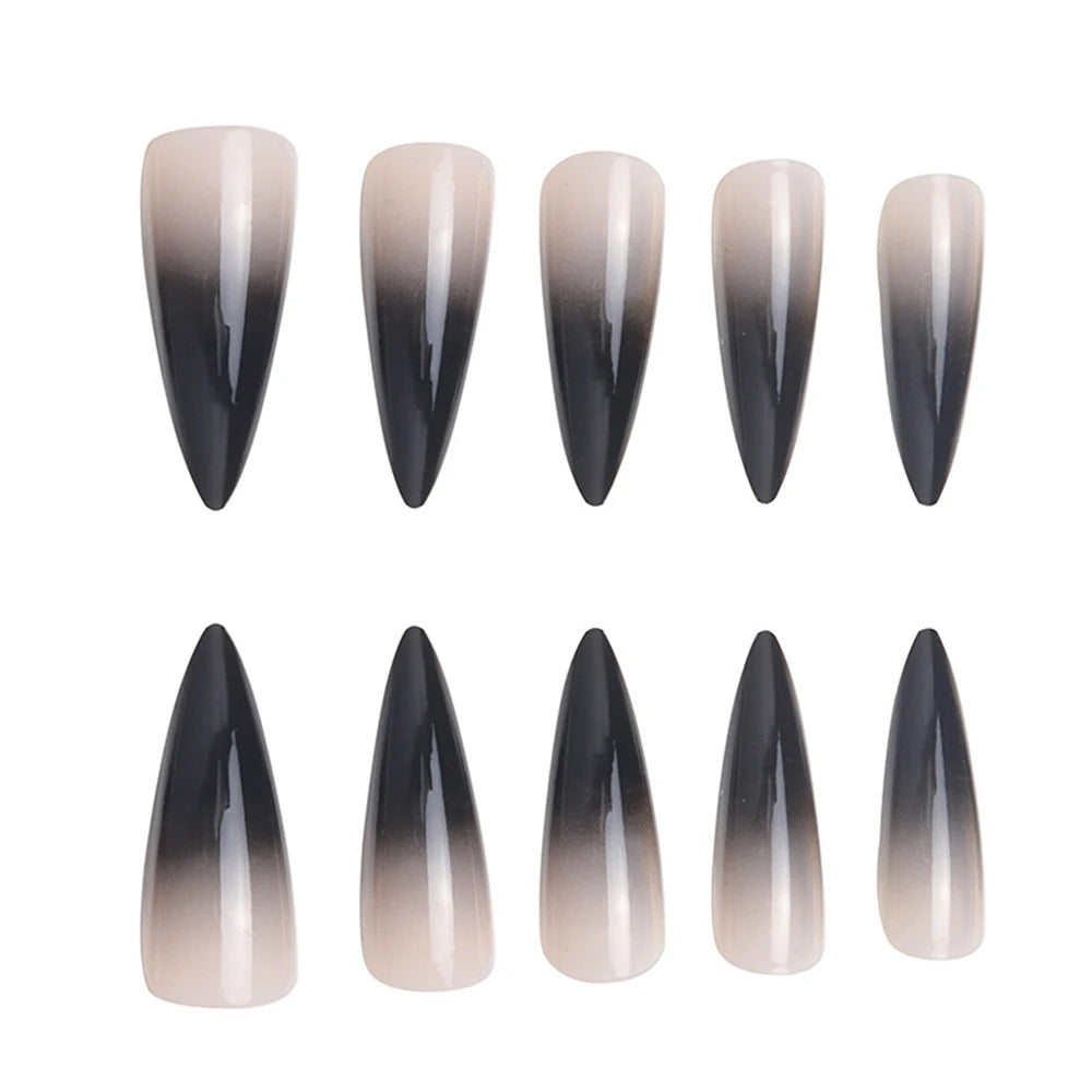 24pcs Black Gradients Long Paragraph Fashion Manicure Patch Reusable Adhesive False Nails Almond Fake Nails Press On Stiletto.