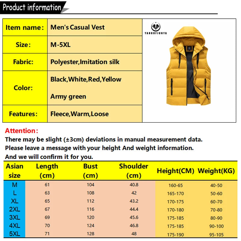 Men Autumn Sleeveless Outdoors Casual Solid Warm Vest Men Winter Detachable Hooded Fleece Pocket Zipper Fashion Vest Male Coat.