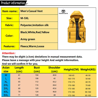 Men Autumn Sleeveless Outdoors Casual Solid Warm Vest Men Winter Detachable Hooded Fleece Pocket Zipper Fashion Vest Male Coat.
