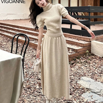 VigoAnne Spring Autumn 2025 Turtleneck Knit Woman 2 Piece Set Casual Solid High Waist Skirts Suits Korean Lady Long Dress Suit.