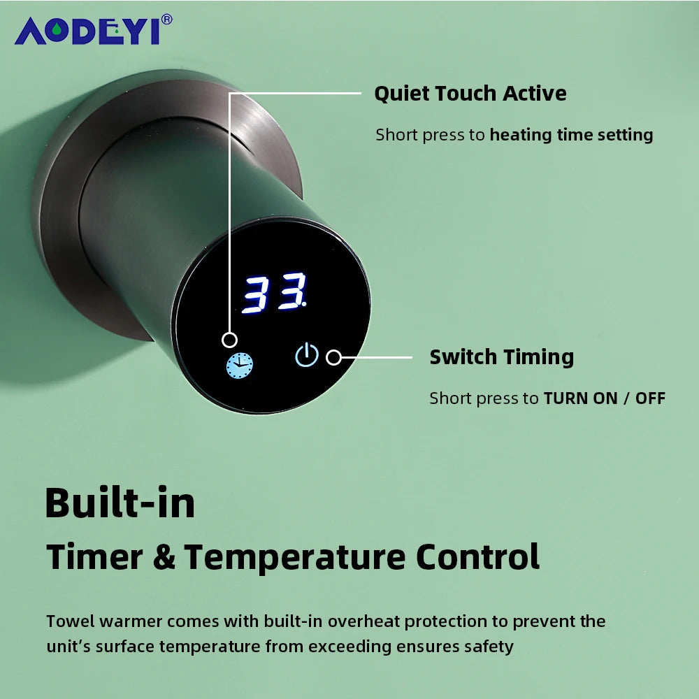 Bathroom Electric Heated Towel Rail Warmer Digital Display Temperature Time Control Smart Home Concealed Bar 304 Stainless Steel.