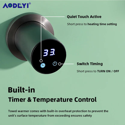 Bathroom Electric Heated Towel Rail Warmer Digital Display Temperature Time Control Smart Home Concealed Bar 304 Stainless Steel.