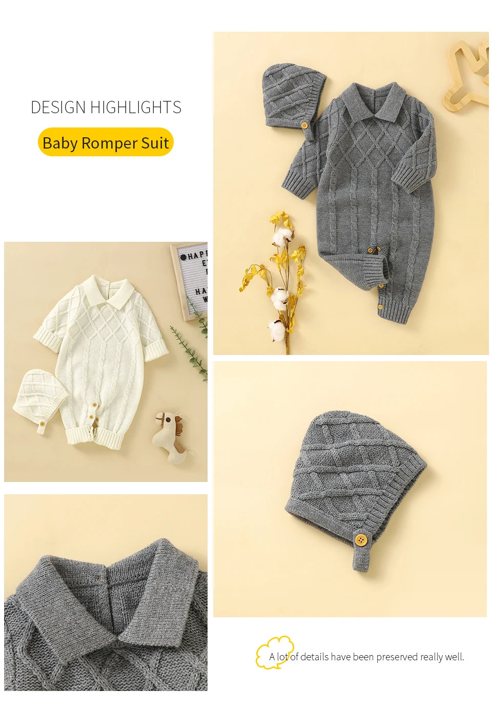 White Baby Girl Rompers Clothes Winter Long Sleeve Knitted Newborn Infant Boy Jumpsuits Hats Outfits Sets 0-18m Toddler Playsuit