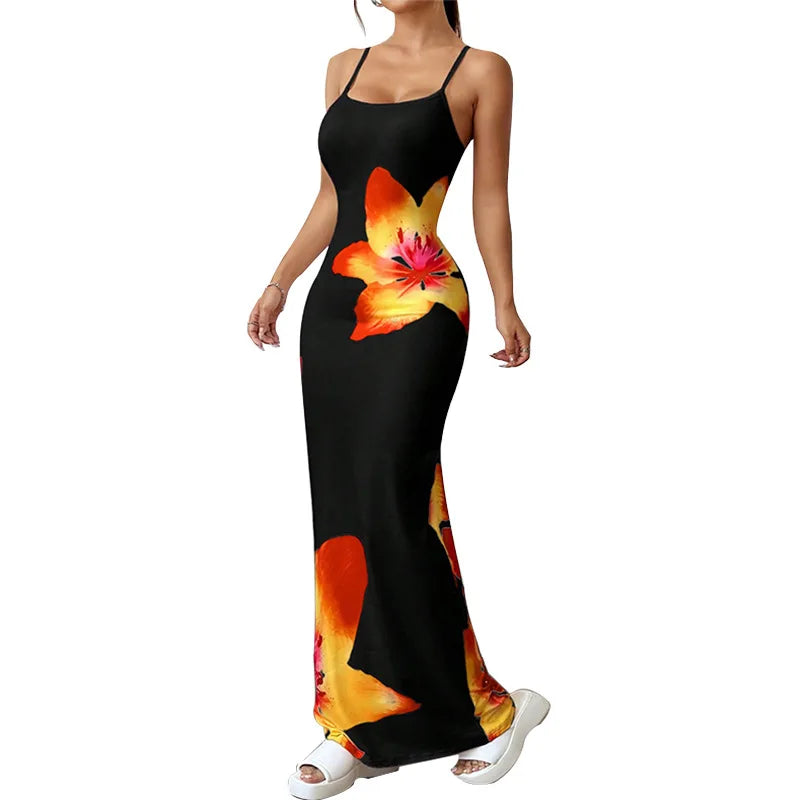 Frauen Floral Bedruckte Spaghetti Strap Slash Neck Maxi Kleid Sommer Backless Sexy Bodycon Strand Urlaub Urlaub Party Lange Dresse.