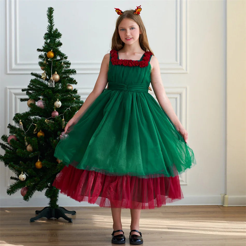 Mädchen Rot Grün Weihnachten Ballkleid Kinder Hochzeit Ball Party Abendkleid Prinzessin Vestido Kinder Karneval Leistung Kleidung.