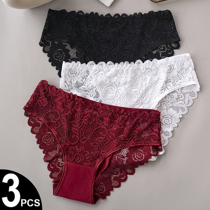 3PCS/Set Luxury Floral Embroidery Lace Panties Women Briefs Sexy Hollow Lingerie Female Underwear Ladies Breathable Underpants.