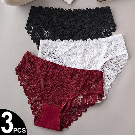 3PCS/Set Luxury Floral Embroidery Lace Panties Women Briefs Sexy Hollow Lingerie Female Underwear Ladies Breathable Underpants.