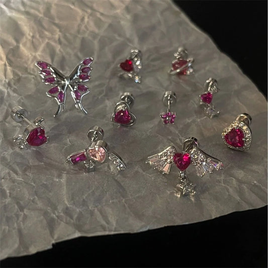 New Trendy Shiny Rose Red Color Zircon 316L Stainless Steel Ear Bone Nail Y2K Gothic Love Heart Small Earrings for Women Jewelry.
