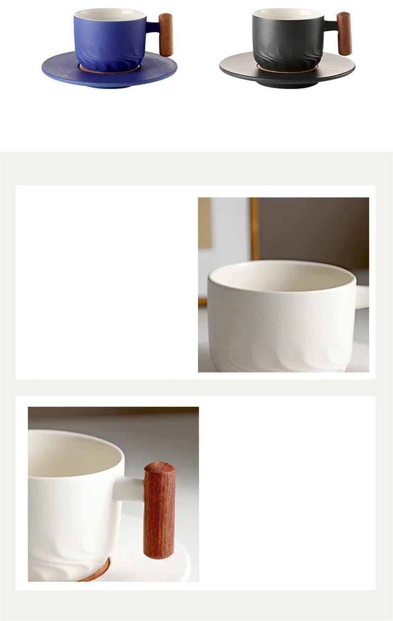 Blue Retro Ceramic Coffee Cup with Saucer 130ml Wooden Handle Tea Water Cup Filter Tea Mug Handmade Frosted Tea Coffee Cup Gift.
