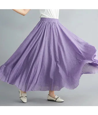 Boho Cotton Linen Beach Long Skirt Women Vintage Casual Solid A-line High Waist Dance Floor-Length Maxi Skirt Spring Summer New