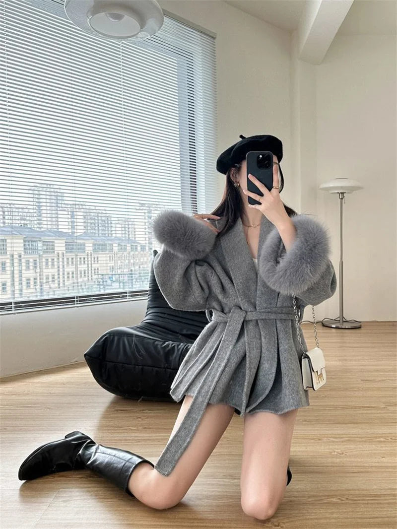 Mode Woolen Jacke mit gürtel Frauen Mantel 2025, Neue Herbst Winter Temperament Lose Strickjacke Weibliche Outwear.