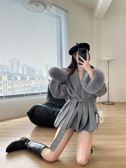 Mode Woolen Jacke mit gürtel Frauen Mantel 2025, Neue Herbst Winter Temperament Lose Strickjacke Weibliche Outwear.