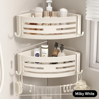 Weiße Badezimmerregale mit Handtuchhalter und Haken, Shampoo-Make-up-Aufbewahrungsorganisator, selbstklebendes, an der Wand montiertes Dusch-Eckregal