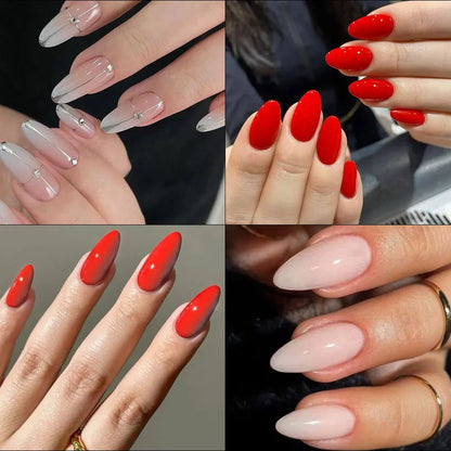 120pcs/box Red White Glossy Acrylic Medium Almond False Nails Solid Color Press-On Nails 12 Sizes Almond Artificial Fake Nails.