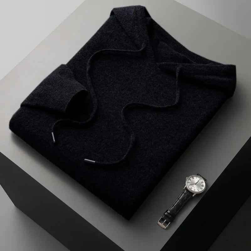 100% Cashmere Sweater Men's Ready-To-Wear Hooded Knitted Pullover Autumn Winter Long Sleeved Sweater Casual Sports Hoodie Top