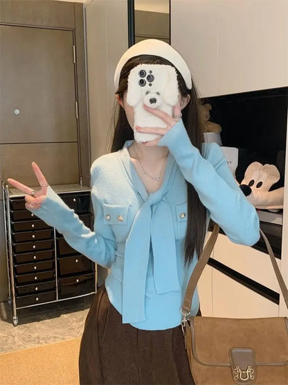 Frauen Frühling Herbst Einfachheit Büro Dame V-ausschnitt Einfarbig Langarm Strickwaren Damen Mode Alle-spiel Temperament Tops.