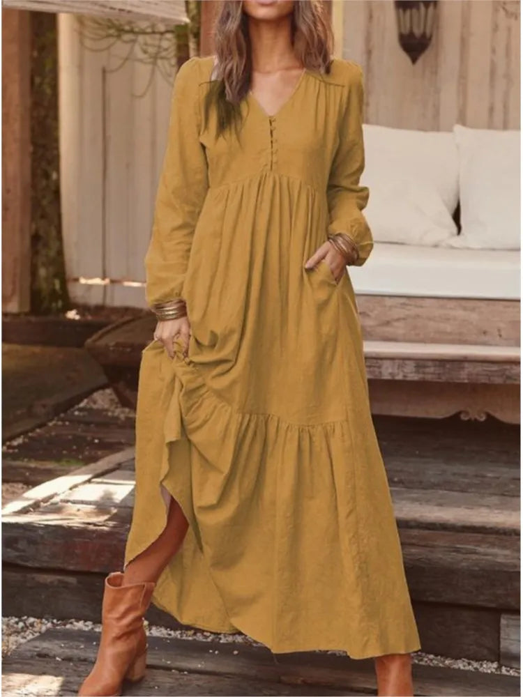Baumwolle Und Leinen Vintage Stil Langes Kleid Für Frauen Casual V-ausschnitt Langarm Lose Maxi Kleider Weibliche Elegante frauen Kleidung.