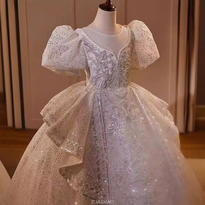 2025 Mädchen Neue Mode Prinzessin Kleid Große Kinder Weiß Klavier Leistung Puffy FormalParty WearParty Tragen Kleid Host Outfit Geburtstag.
