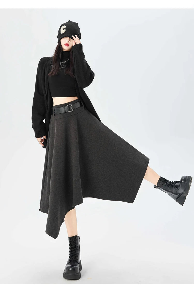 High Quality Irregular Woolen Skirt Women 2025 Autumn Winter New High Waist Slimming Midi Skirt Elegant A-line Faldas with Belt.
