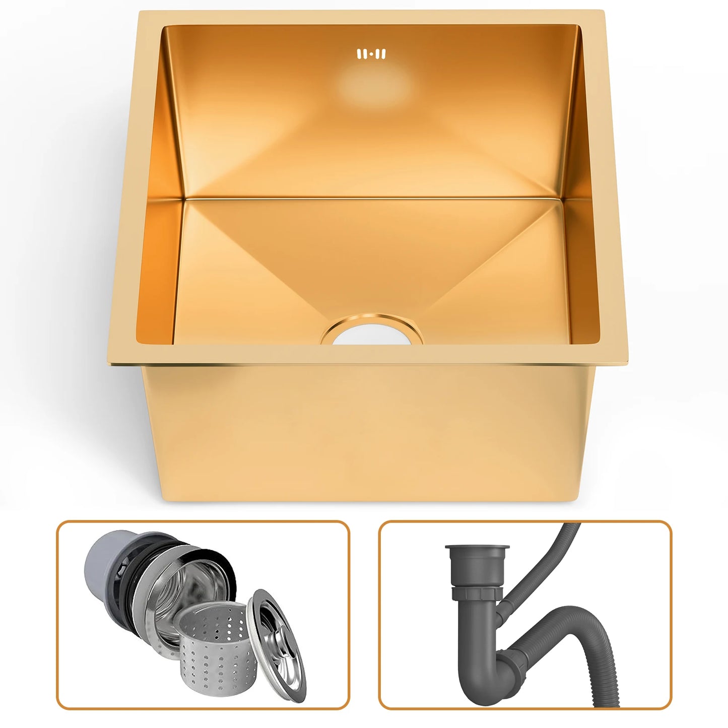 Unterbau-Küchenspüle aus Edelstahl mit abgerundeter Einzelschüssel, goldenes großes Spülbecken mit Abflussmontage