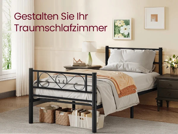 VASAGLE Bett 90 x 200 cm, Gästebett, Einzelbett aus Metall, Bettgestell, Bettrahmen, Metallbett, einfache Montage, tintenschwarz