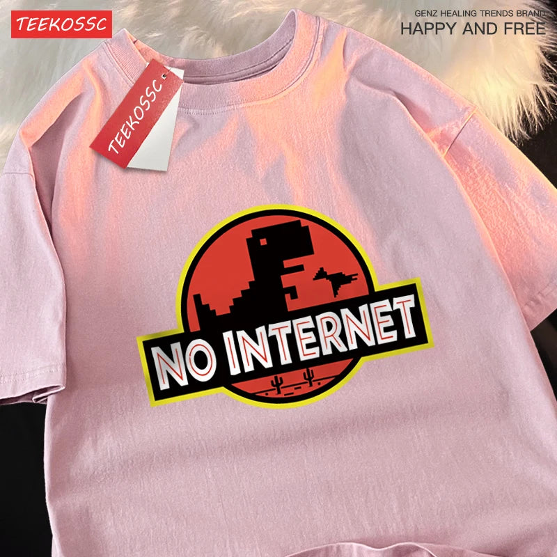 No Internet Fun Little Dinosaur Short Sleeve Mens Cartoons Cotton Tshirt Summer High Quality Clothing Fashion Oversize T-Shirts.