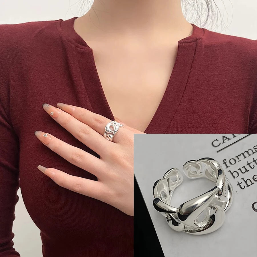 VENTFILLE 925 Sterling Silver Irregular Design Wave Golden Stackable Finger Rings Trendy Adjustable For Women Gifts Dropshipping