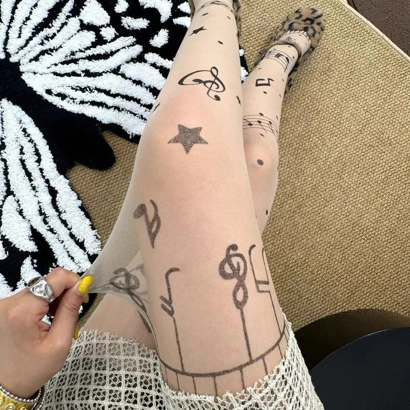 Women Personalized Stocking Gothic Music Notes Print Tights Thin High Elasticity Black Skin Leggings Spicy Girls Y2K Hosiery