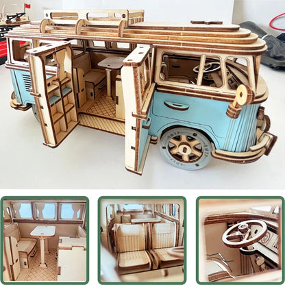 Retro Bus European-style Campervan 3D Wooden Car Puzzle DIY Sailing Ship Airplane Building House Model Jigsaw Toys For Children.