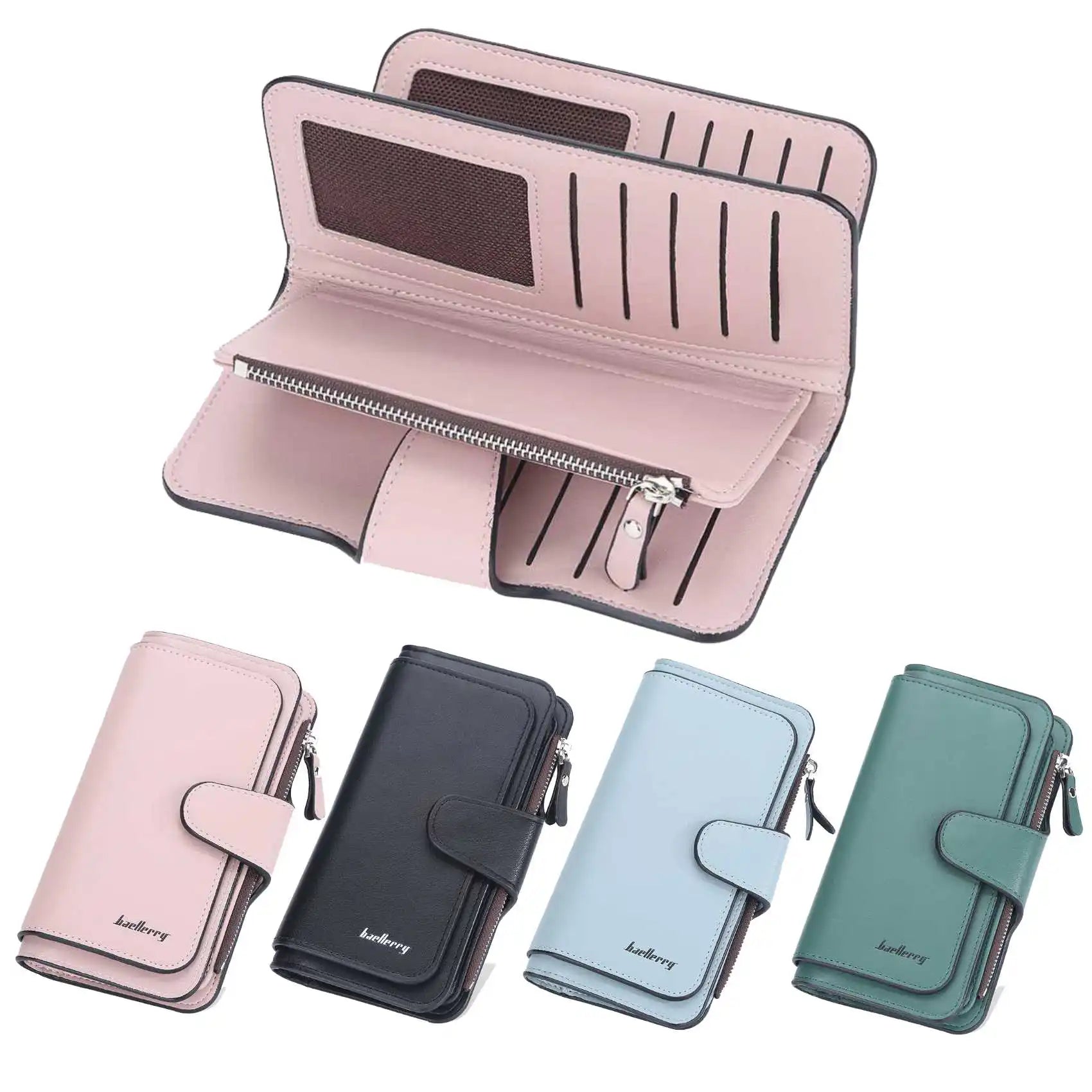 Large Capacity Women's Long Leather Wallet Zipper Buckle Multi-Card Triple Fold Coin Purse Clutch Bag Card Holder.