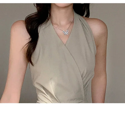 French Vintage Polyester Halter One-Piece Pants Women's Summer Business Commute High Waist Slimming Versatile Suit Long Pants