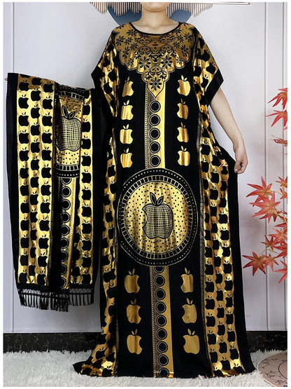2023 New Muslim Summer Short Sleeve Robe Gold Stamping Boubou Maxi Women Femme Loose Dress With Big Scarf African Abaya Clothes