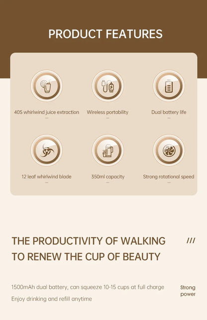 Portable Multi-function USB Wireless Juicer 12-blade Head Fast Juice Extraction 2600mAh Capacity Indoor and Outdoor Mixing Cup.